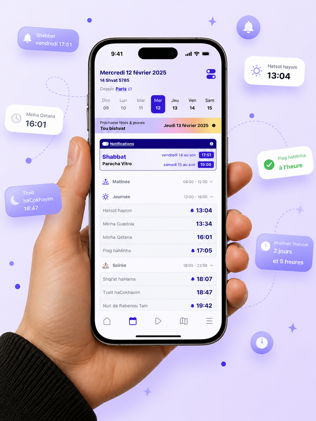 Aperçu de l'écran Zmanim de l'app EMET sur iPhone tenu en main